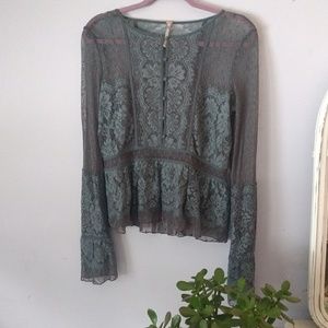 Free People Green Grey Penelope Lace Peplum top